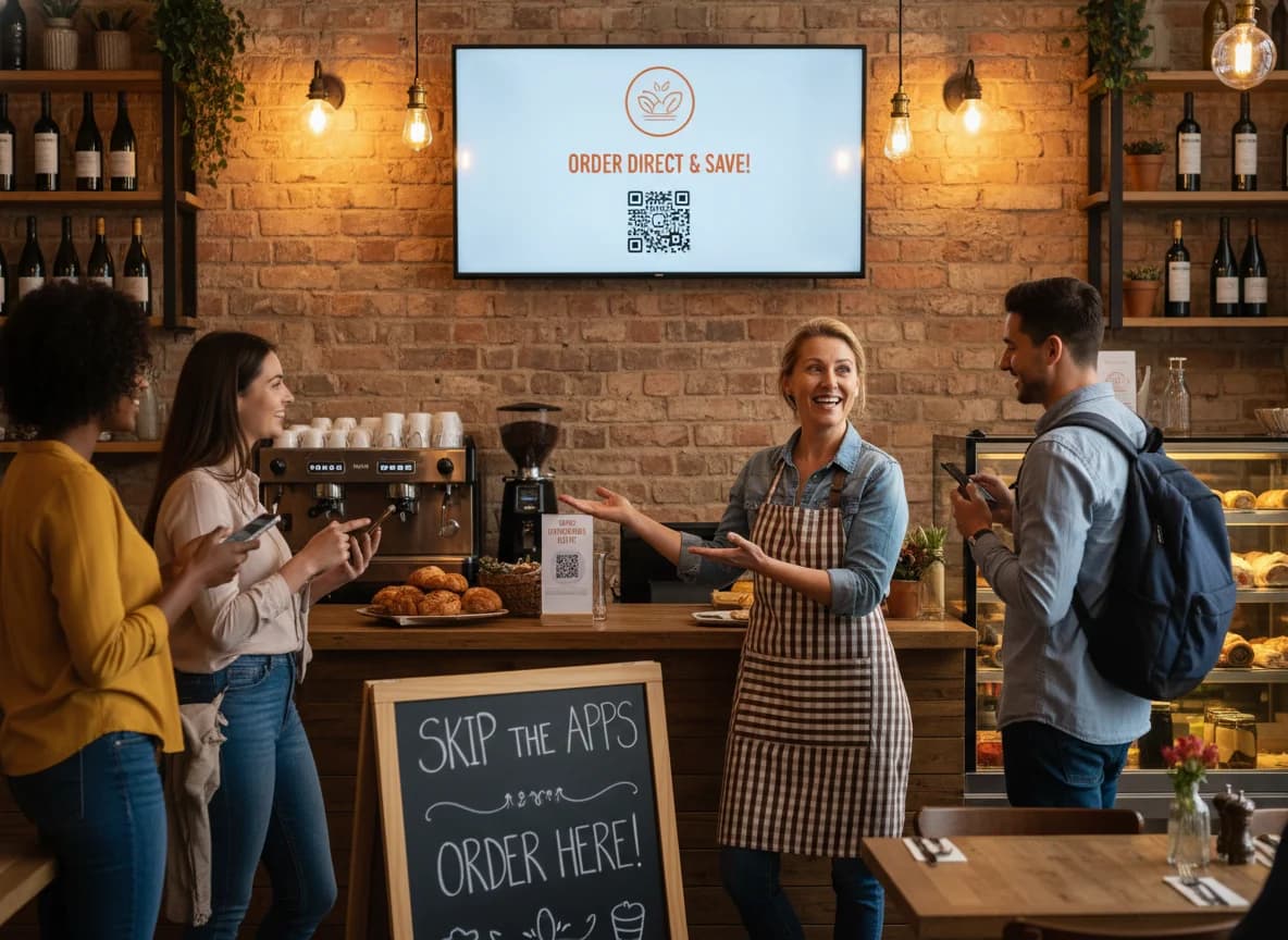 A restaurant manager enthusiastically explaining direct ordering options to a customer at the counter in a warm, welcoming restaurant setting.