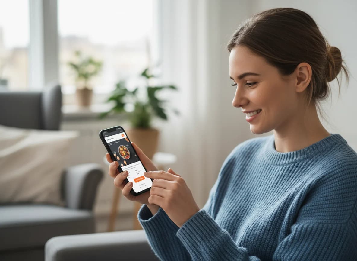 A satisfied customer smiling while ordering from a restaurant's website on their phone, confident in the straightforward pricing and easy ordering process.