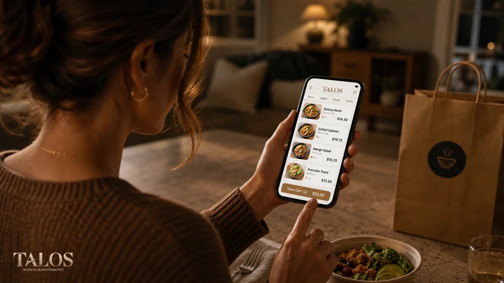 A satisfied customer smiling while ordering from a restaurant's website on their phone, confident in the straightforward pricing and easy ordering process.