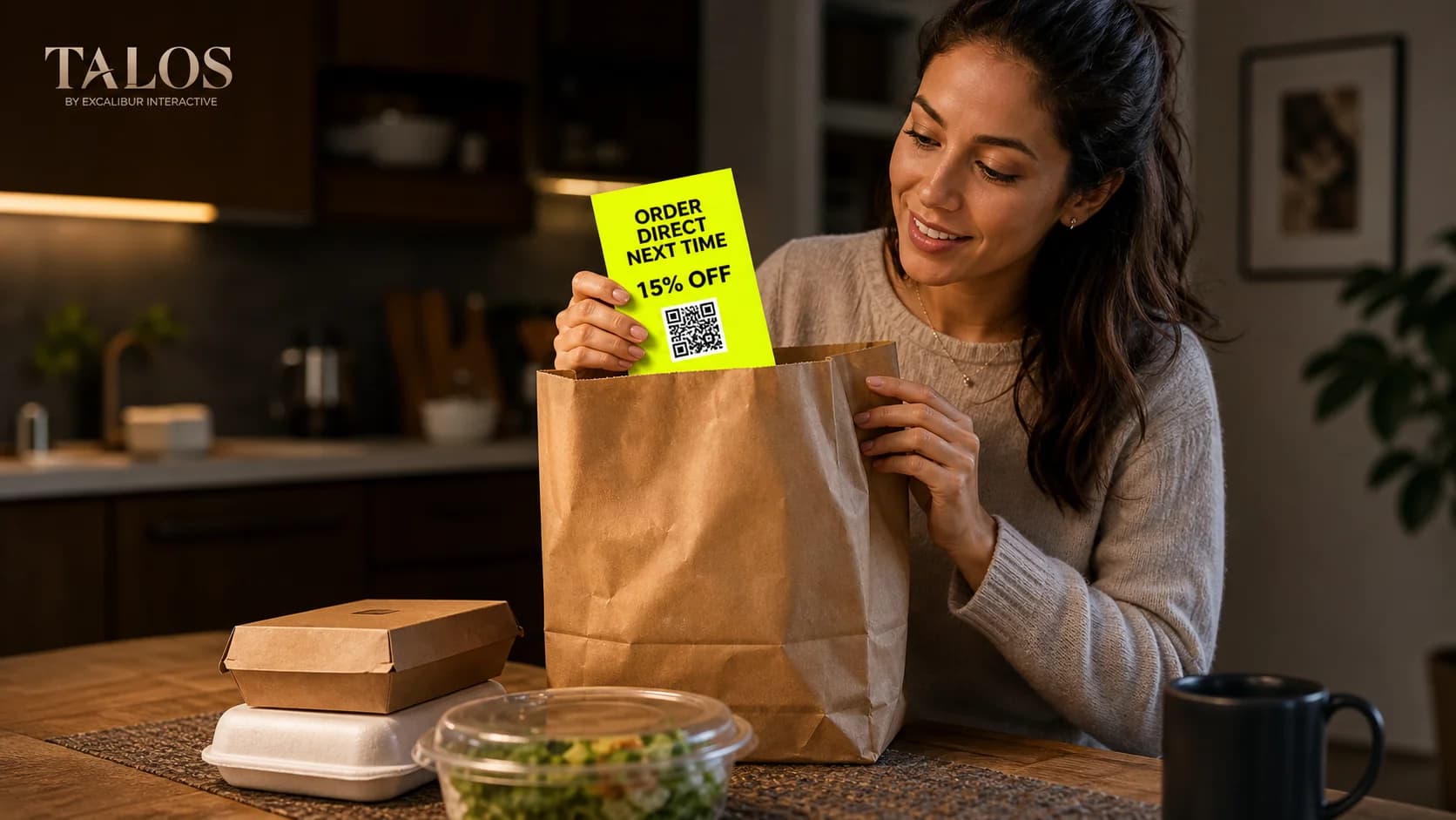 A customer pulling out a bright colored flyer with a direct ordering discount offer and QR code from their delivery bag, examining it with interest.