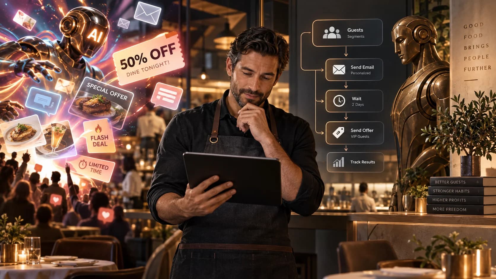 Restaurant owner choosing between chaotic AI discounts and a clear automation workflow, with a bronze Talos statue