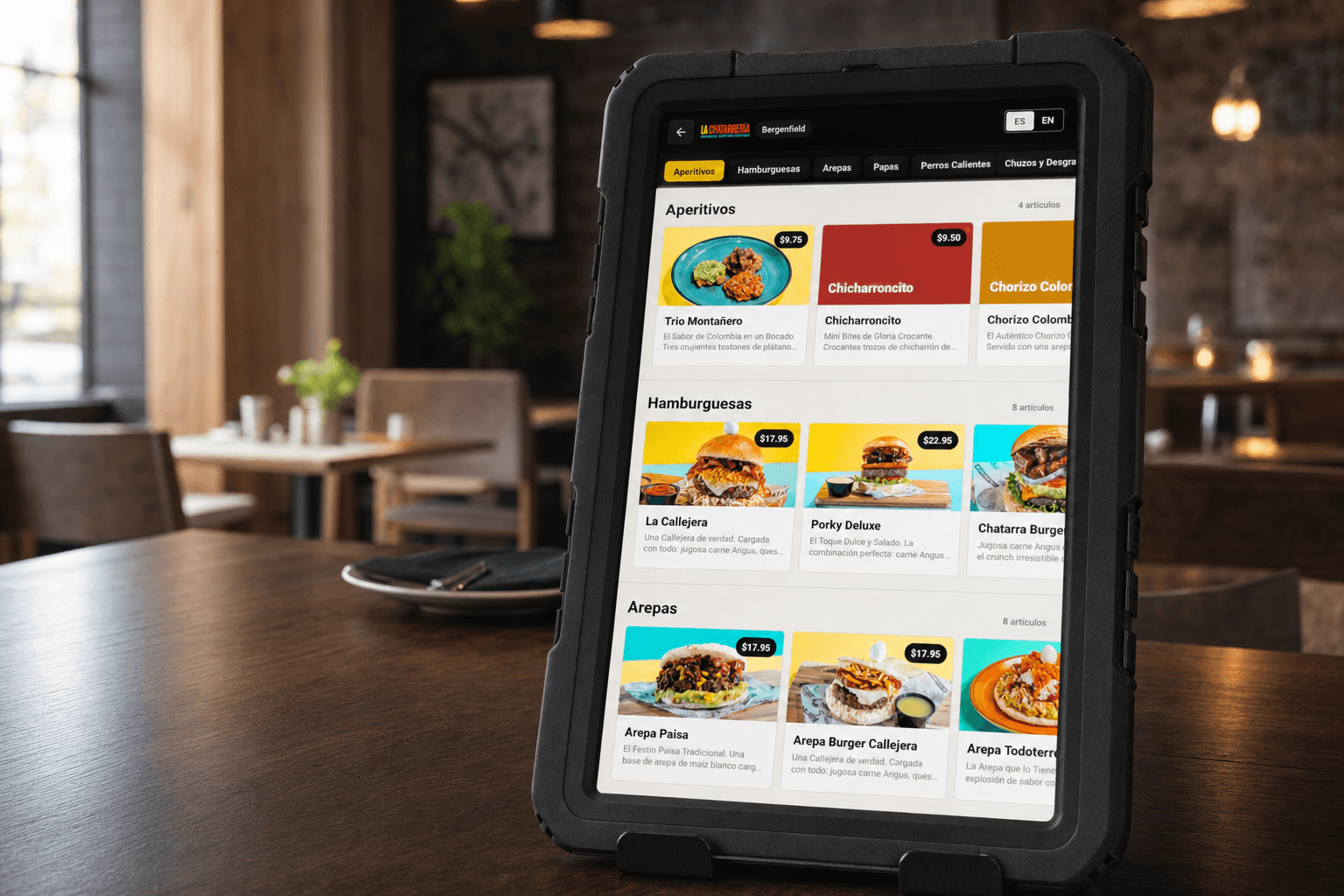 A Talos digital menu showing food photos, categories, descriptions, and prices