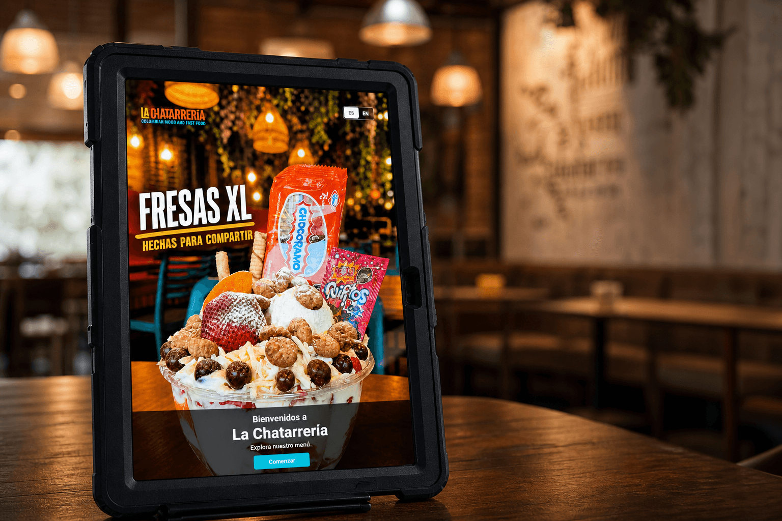 A rugged tablet displaying a restaurant's branded Talos digital menu