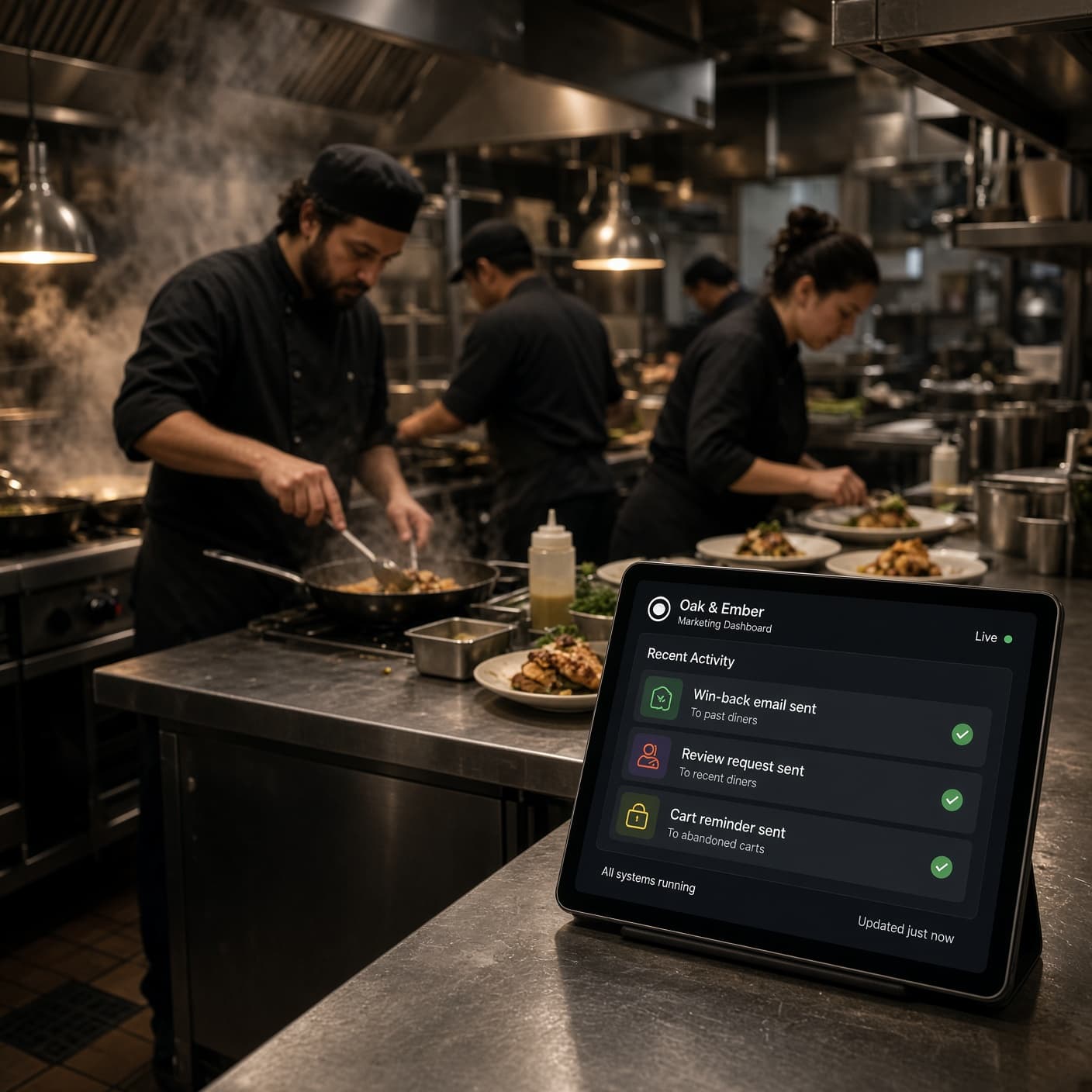 Chefs working in a busy kitchen beside a tablet showing automated win-back emails, review requests, and cart reminders