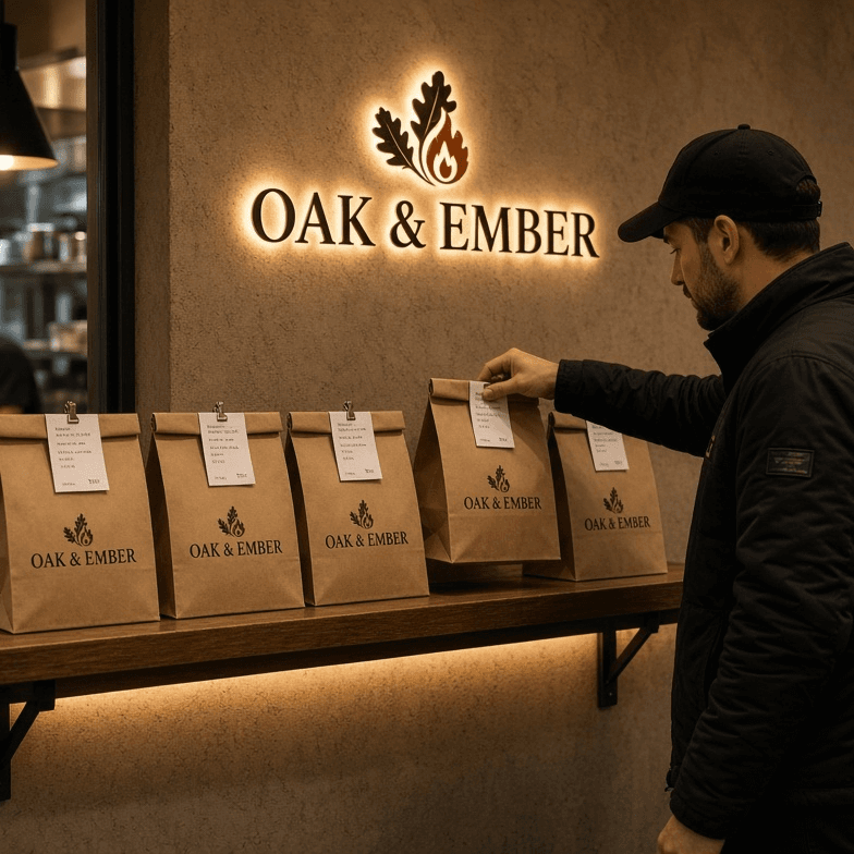 A delivery driver picking up online orders from a restaurant