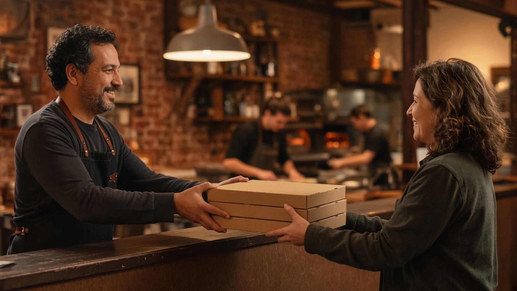 A pizzeria owner handing pizza boxes to a smiling customer at the pickup counter
