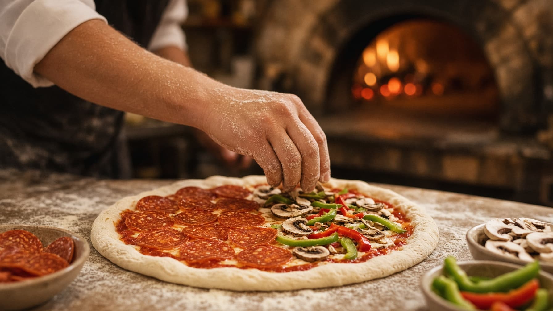 A pizza maker adding toppings to a half-and-half pizza beside a warm oven