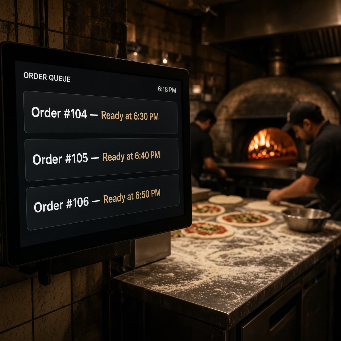 A pizzeria kitchen monitor showing orders with staggered ready times beside chefs preparing pizzas