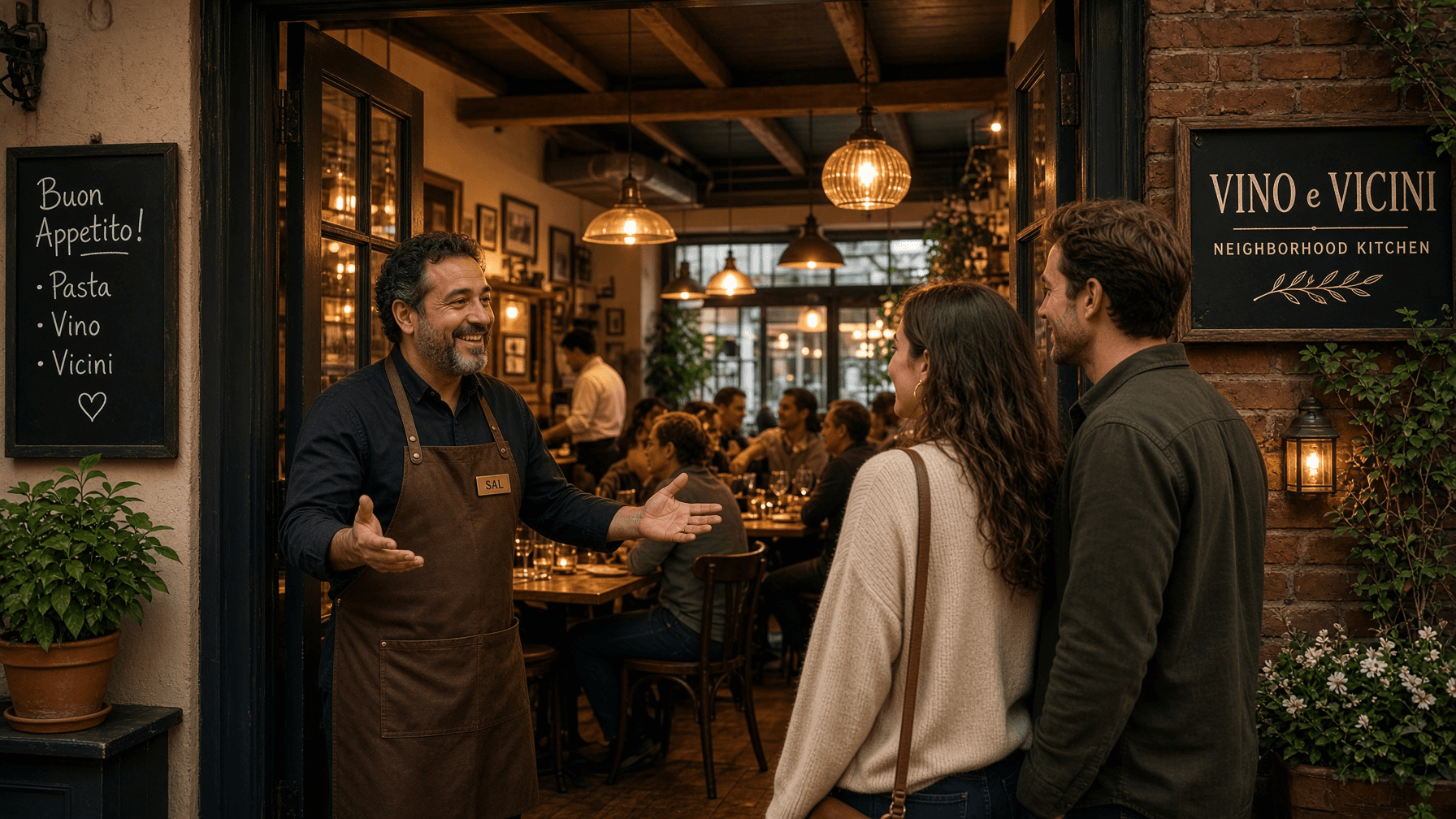 A restaurant owner welcoming guests into a lively neighborhood restaurant