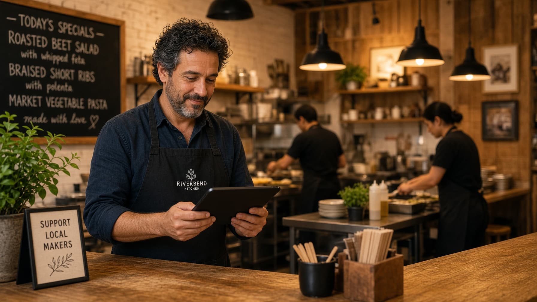 A restaurant owner reviewing a tablet while staff prepare food behind the counter