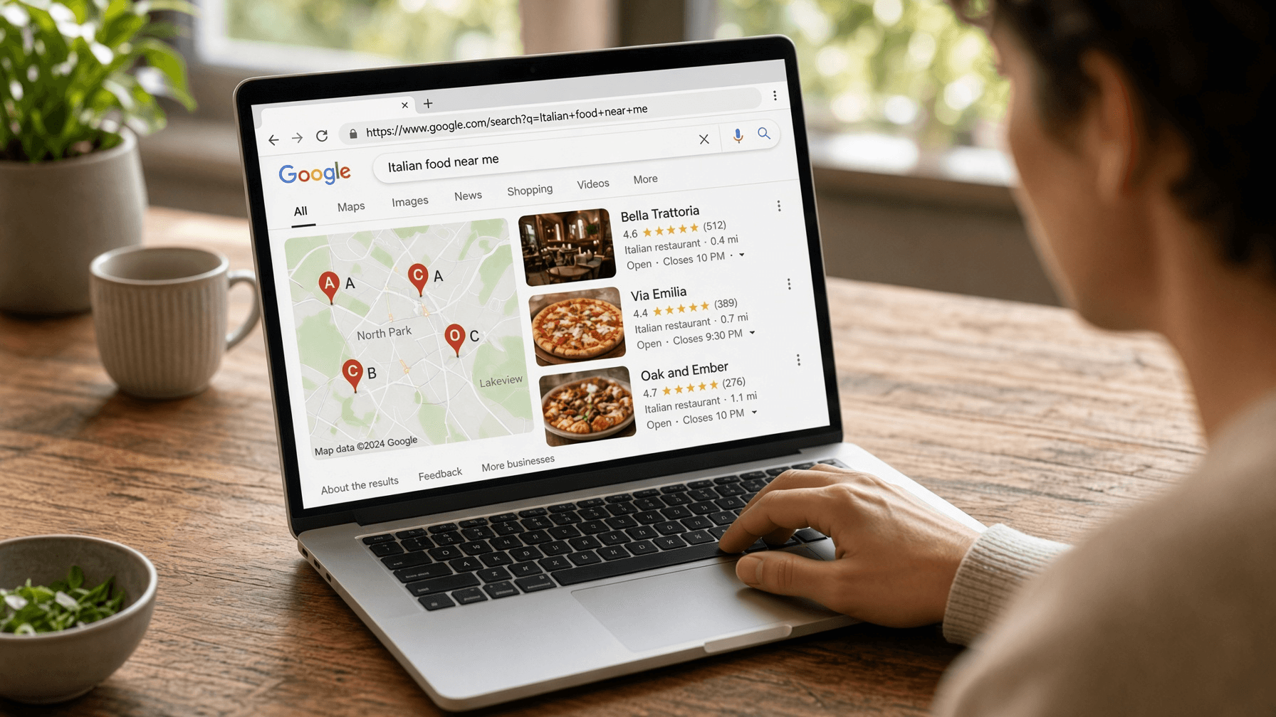 A customer searching Google for nearby restaurants