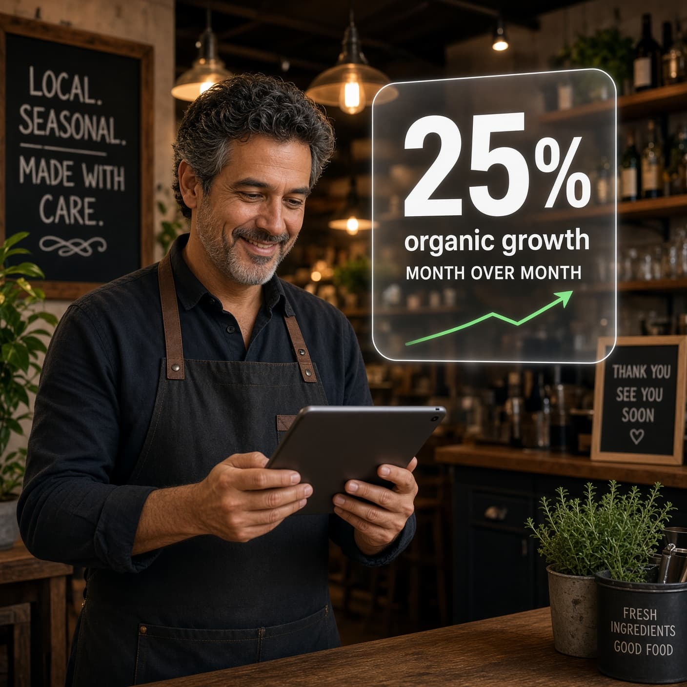Restaurant owner reviewing organic growth on a tablet